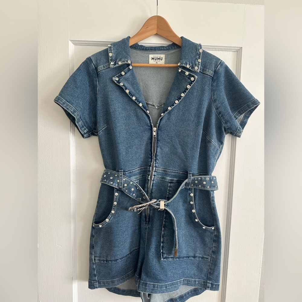 Show Me Your MuMu Blue Denim Pearl-Trim Jumpsuit Romper